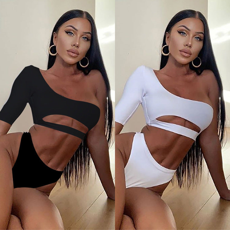 Solid Color Bikini Half Sleeve Swimsuit Women