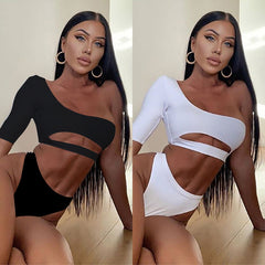 Solid Color Bikini Half Sleeve Swimsuit Women