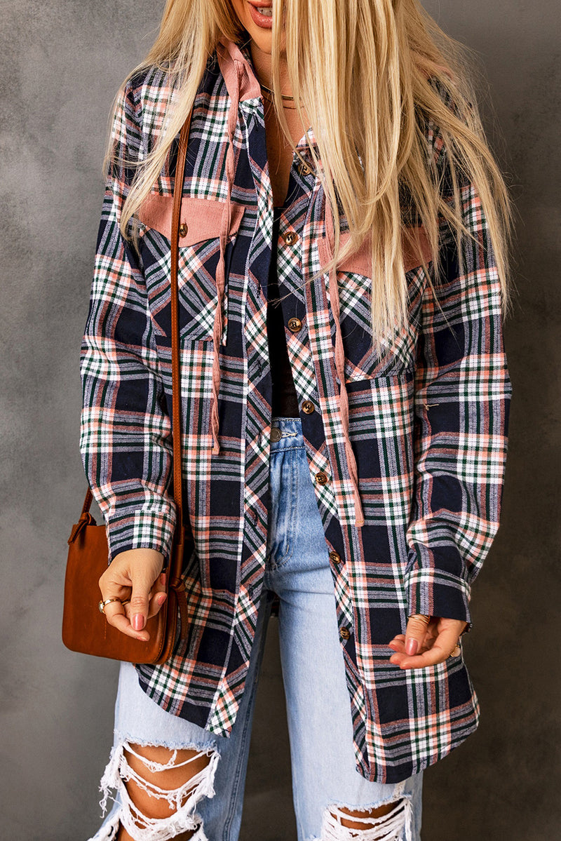 Coat Contrast Hooded Drawstring Plaid Shacket