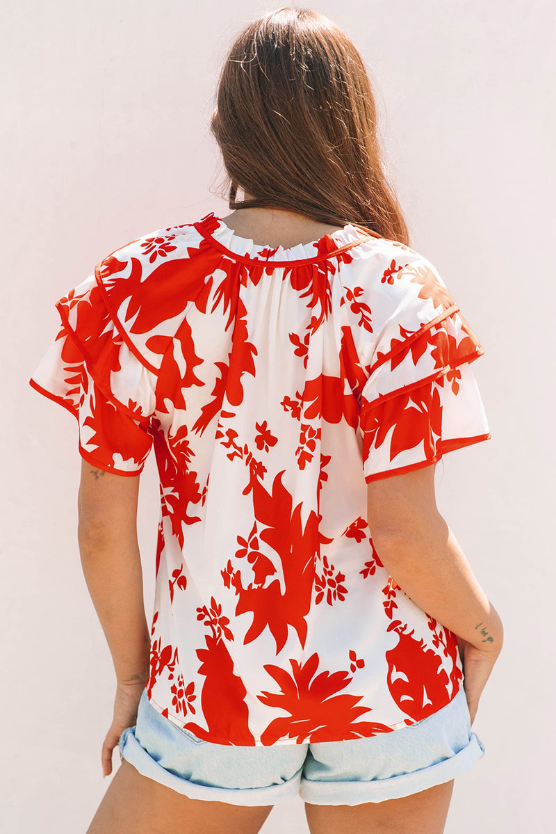Plant Print Tiered Ruffled Sleeve V Neck Blouse
