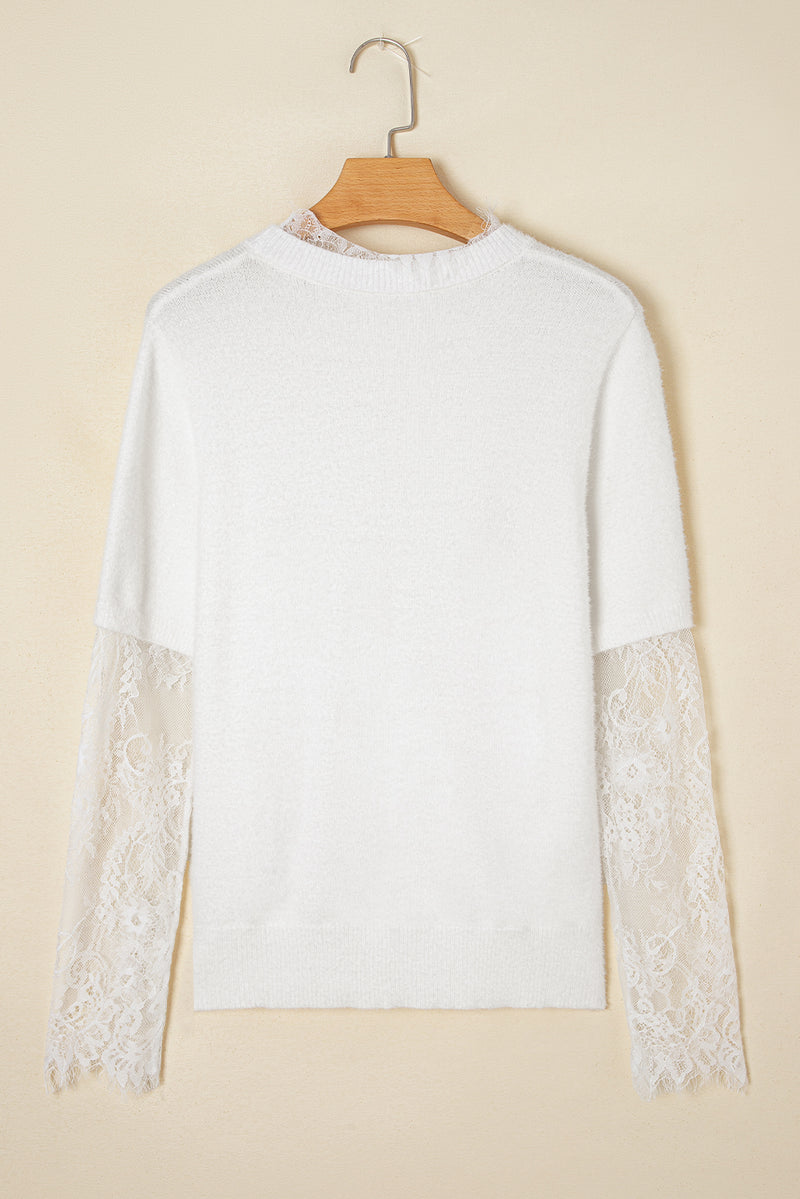 Lace Sleeve Patchwork Faux Two-piece Fuzzy Sweater