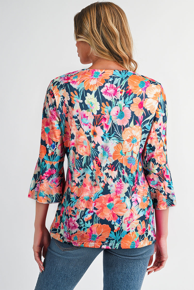 Floral 3/4 Flare Sleeve Tied V Neck Blouse
