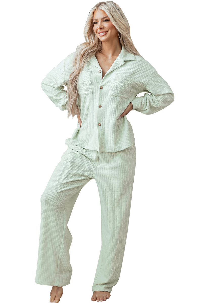 Light Green Textured Patched Chest Pocket Shirt and Pants Set