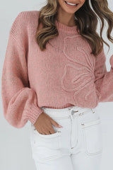 Pink Blossom Big Flower Accent Bubble Sleeve Drop Shoulder Sweater
