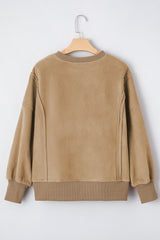 Fuzzy Sherpa Splicing Pullover Sweatshirt with Side Slit