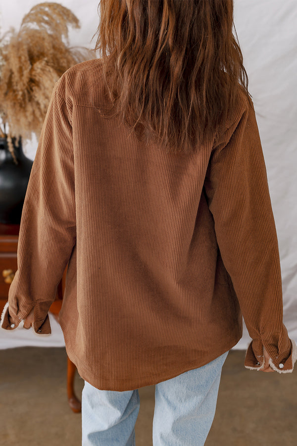 Fleece Lined Buttoned Flap Pockets Corduroy Jacket