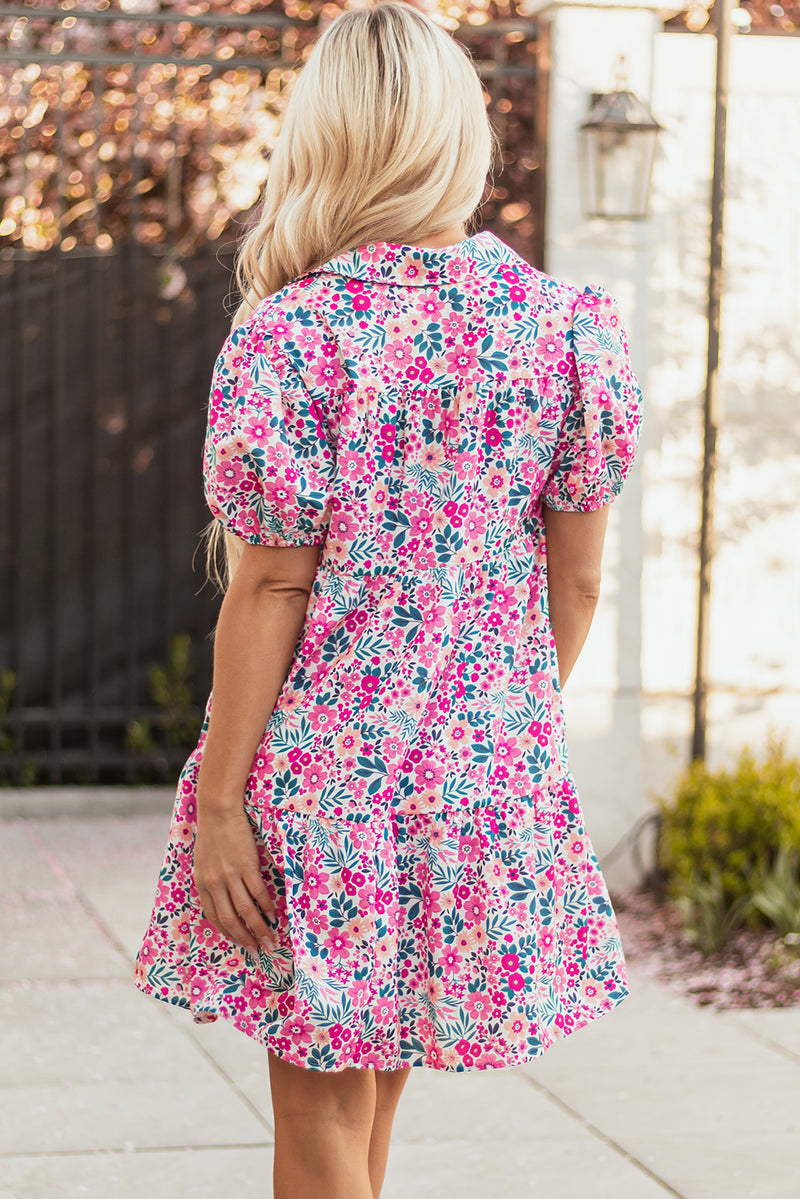 Floral Collared Half Placket Short Sleeve Loose Dress