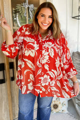 Plus Size Floral Print Loose Button Up Shirt