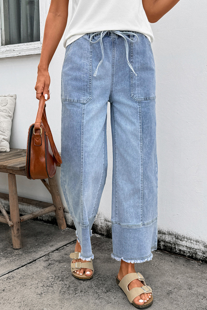 Drawstring Seam Detail Raw Hem Wide Leg Denim Pants