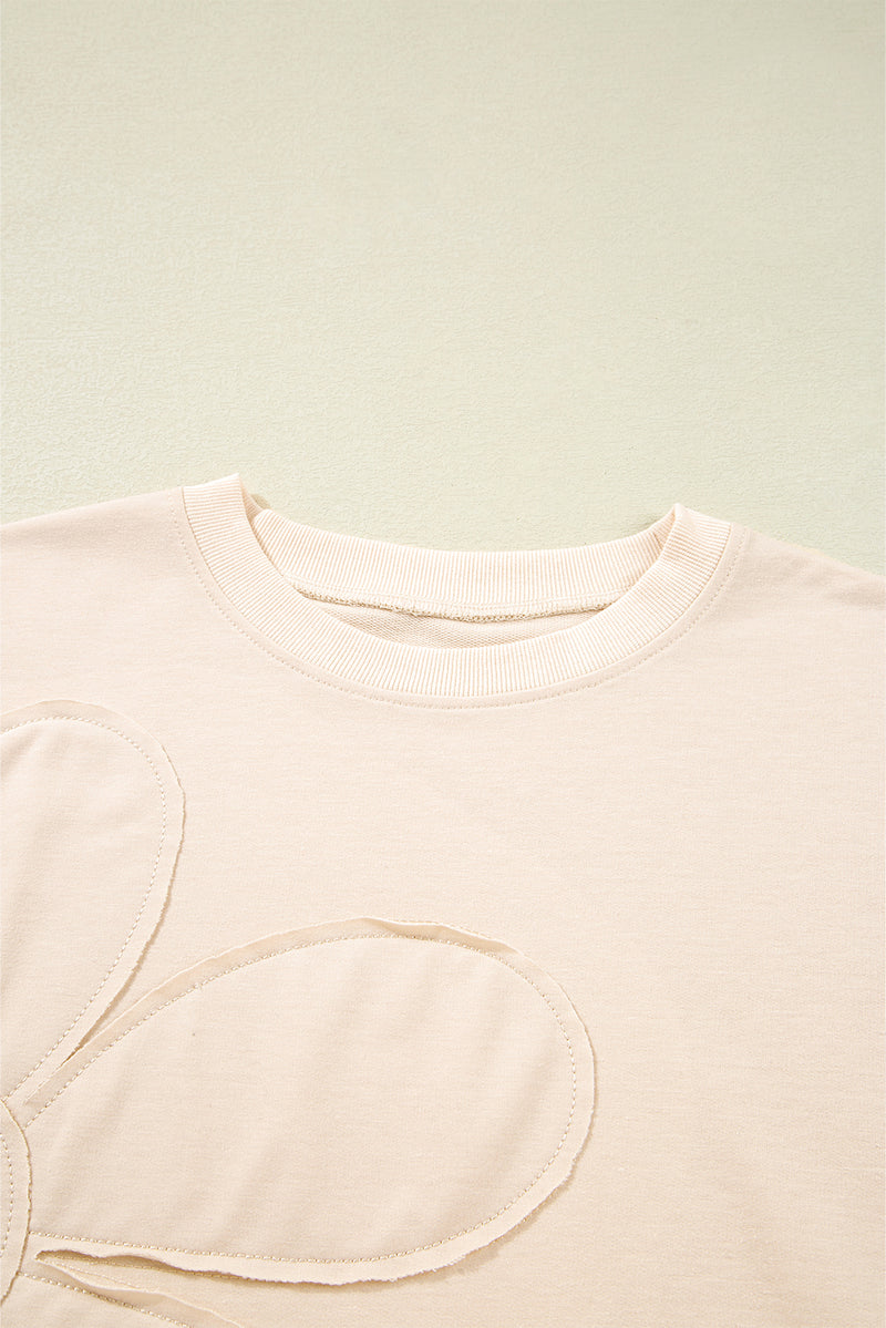 Raw Edge Flower Patch Drop Shoulder Casual Top