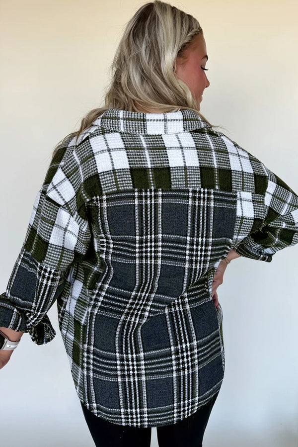 Plaid Print Textured Knit Buttoned Shacket