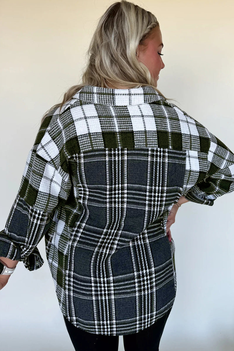 Plaid Print Textured Knit Buttoned Shacket