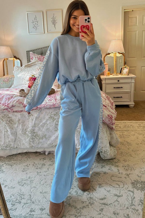 Floral Patchwork Drop Shoulder Pullover and Sweatpants Lounge Set