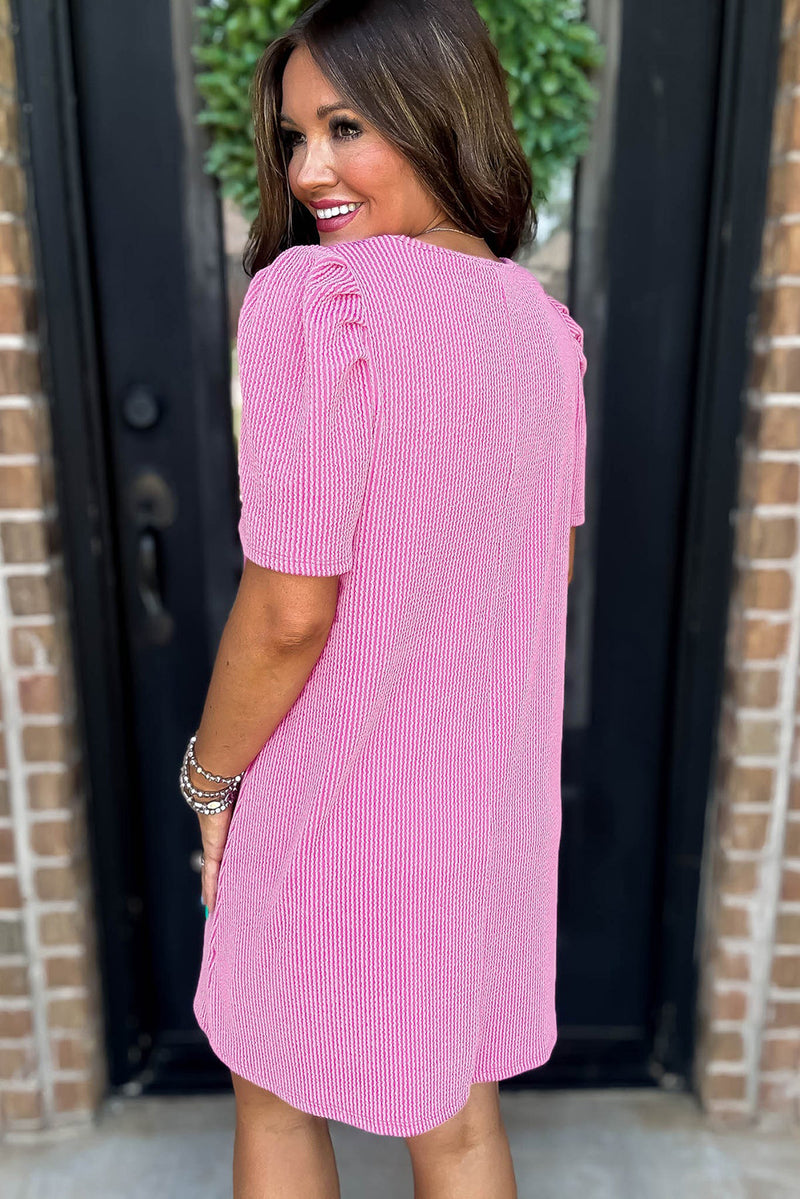 Solid Corded Knit Crew Neck Puff Sleeve Shift Mini Dress
