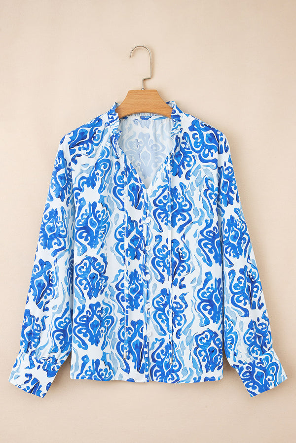 Blue Ethnic Printed Tie Split Neck Button Front Puff Sleeve Shirt