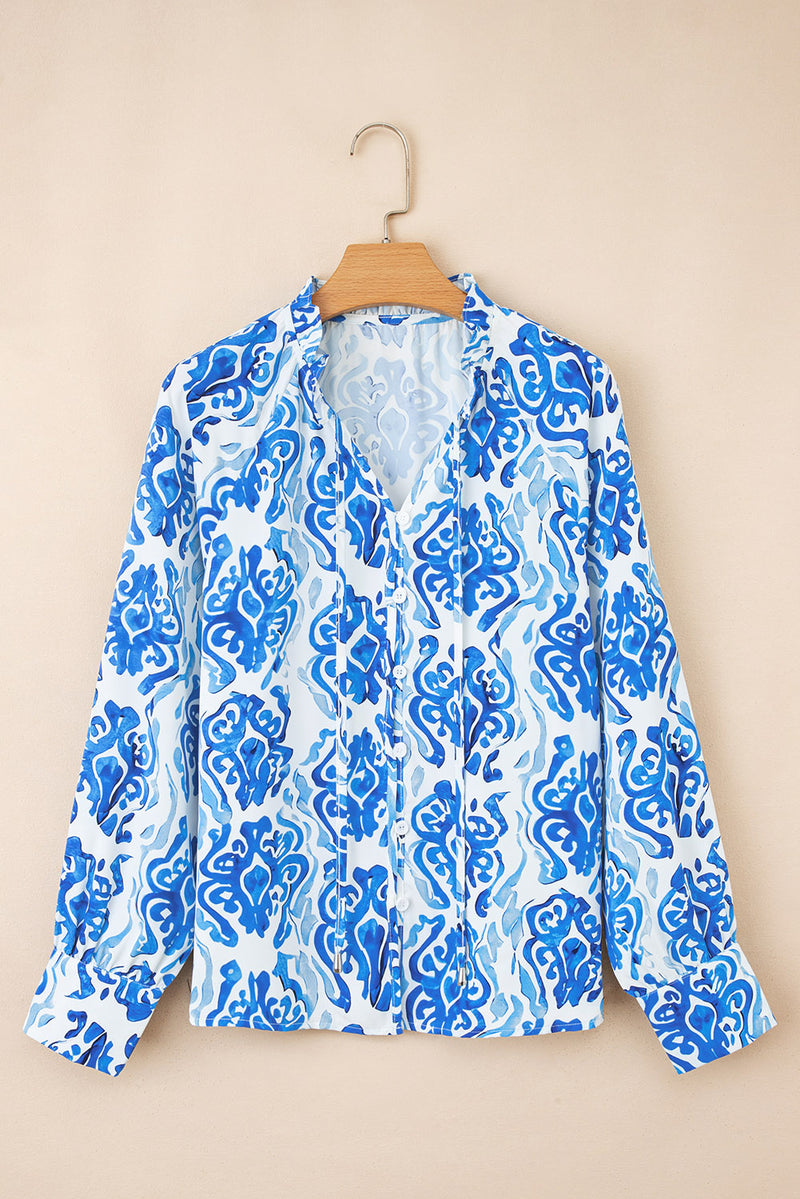 Blue Ethnic Printed Tie Split Neck Button Front Puff Sleeve Shirt