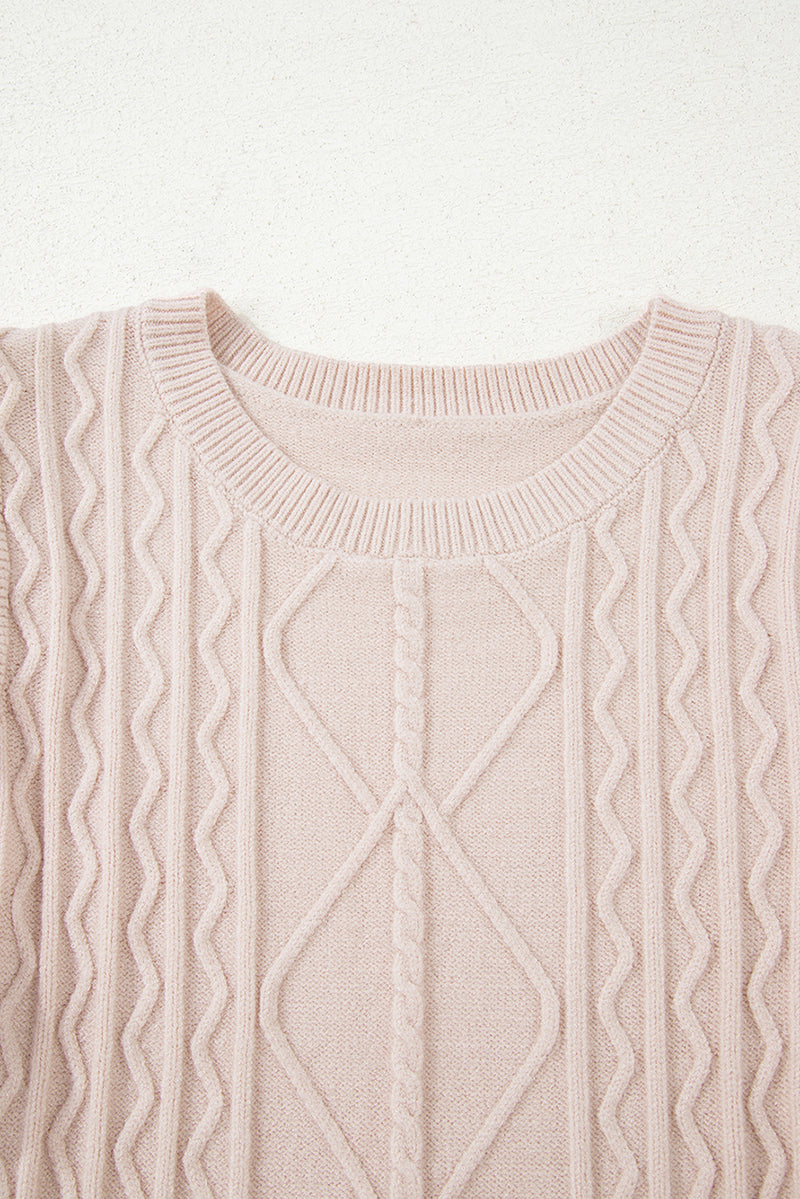 Parchment Cable Knit Ruffle Detail Contrast Floral Sleeve Patchwork Sweater