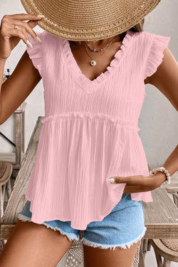 Textured Ruffled Trim V Neck Flutter Flowy Top