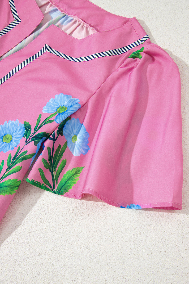 Floral Short Sleeve Split Neck Loose Mini Dress