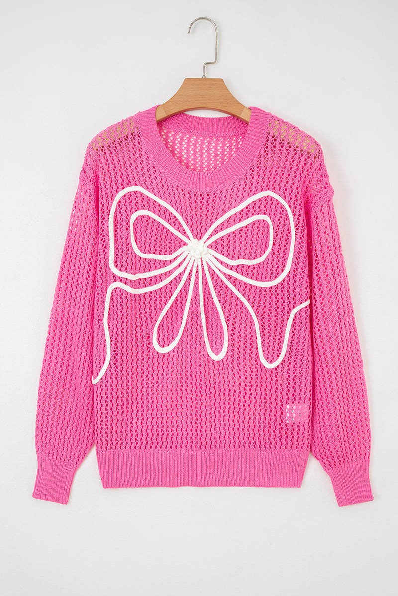 Sweet Bow Decor Hollow Out Knitted Drop Shoulder Sweater