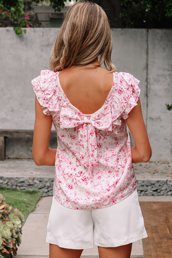 Floral Ruffled Short Sleeve Bow Back Square Neck Blouse