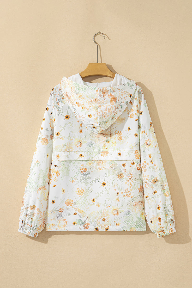 Floral Print Half Zip Hooded Long Sleeve Top
