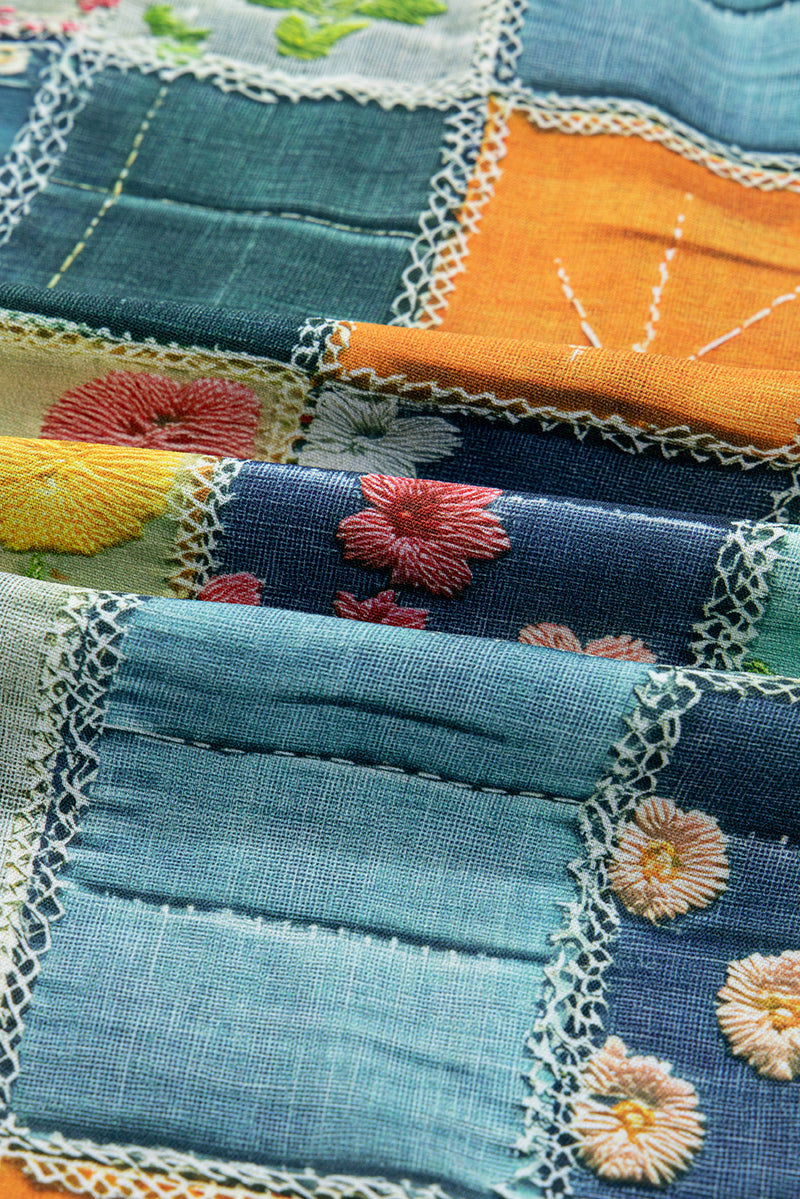 Multicolour Mix Floral Checkered Pattern Bubble Sleeve Ruffle Hem Dress