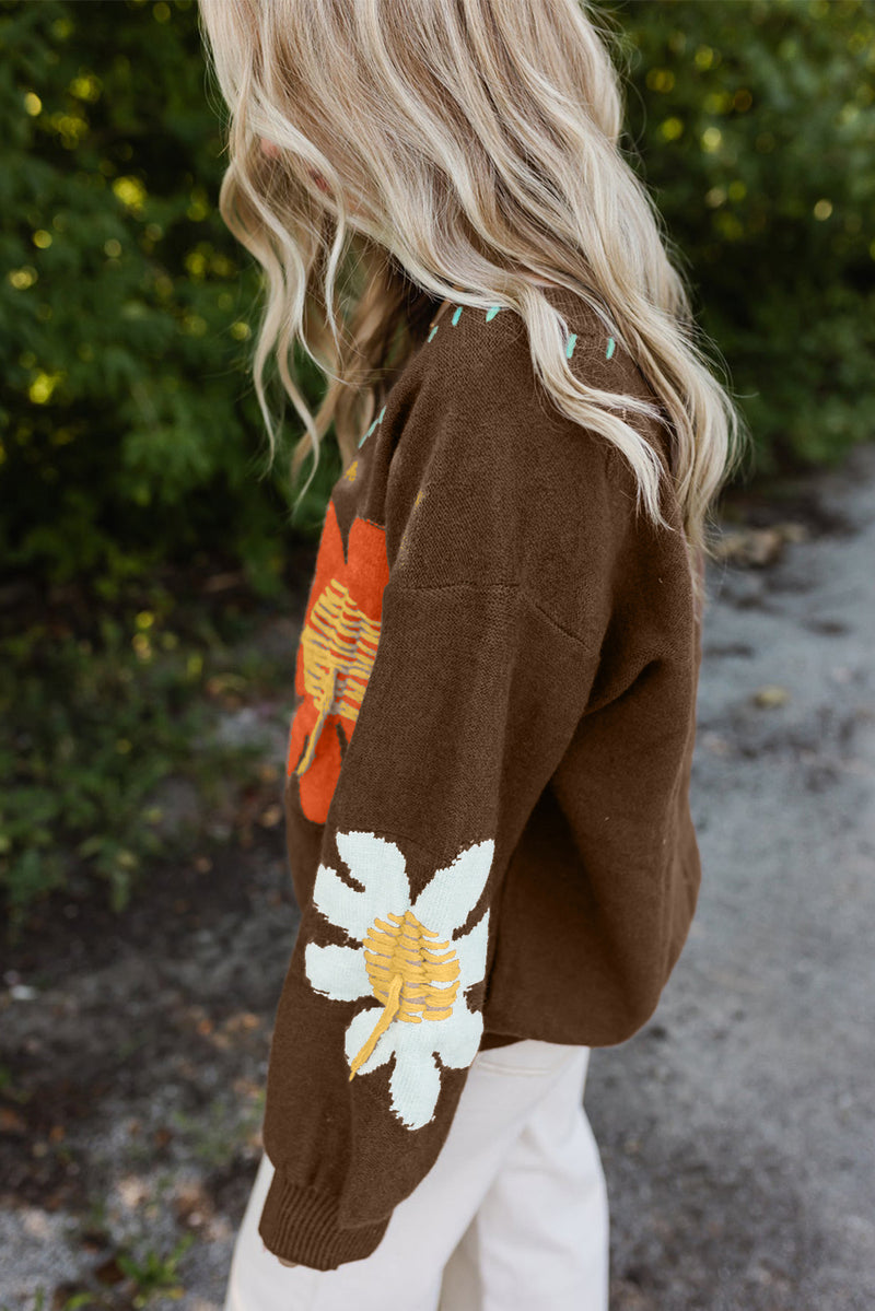 Solid Big Flower Pattern V Neck Drop Shoulder Sweater