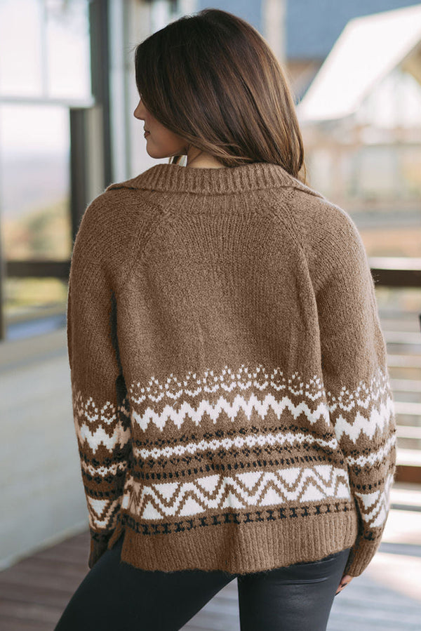 Western Printed Ribbed Trim Collared Zip up Cardigan