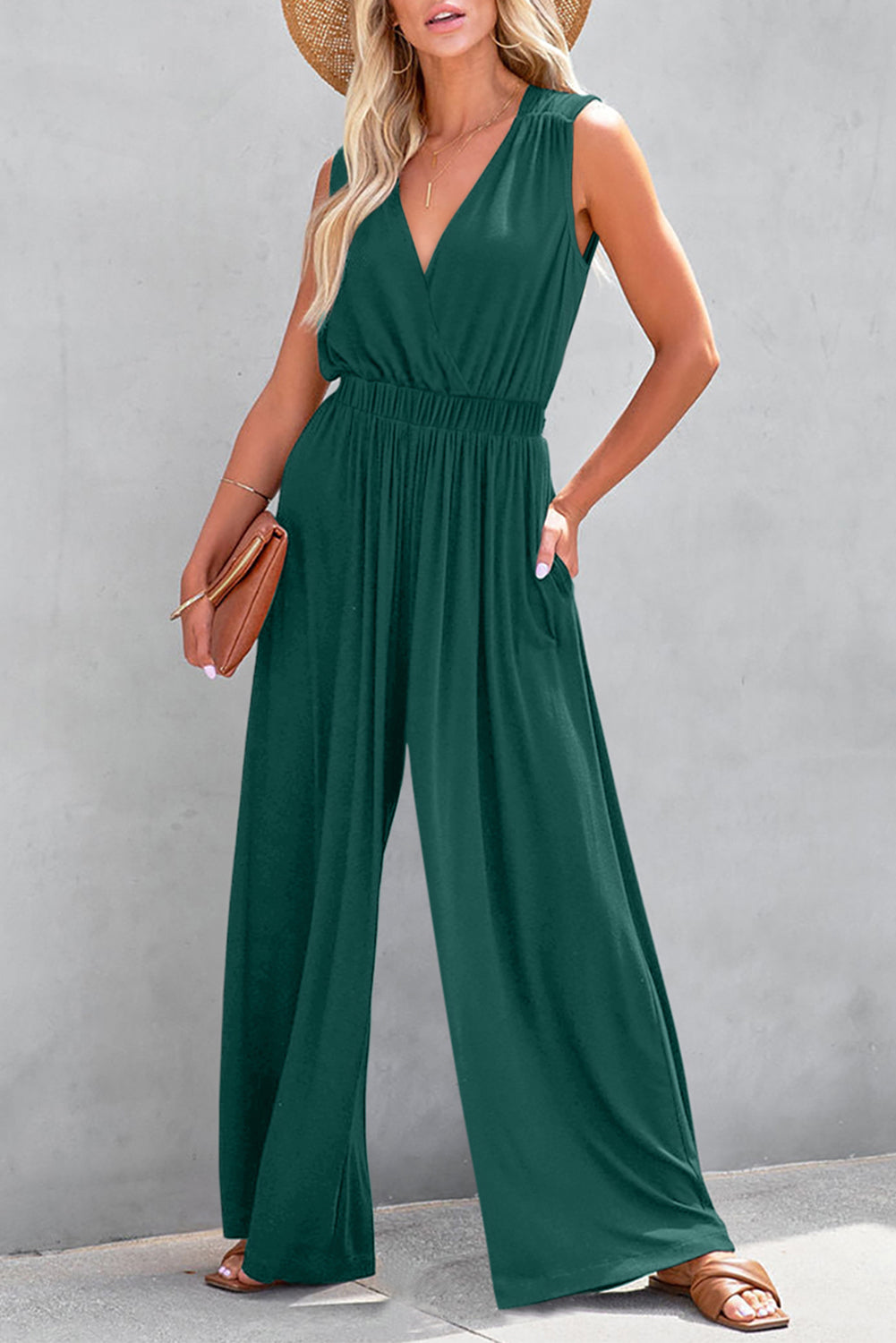 Solid Deep V Pleated Crisscross Wide Leg Backless Jumpsuit