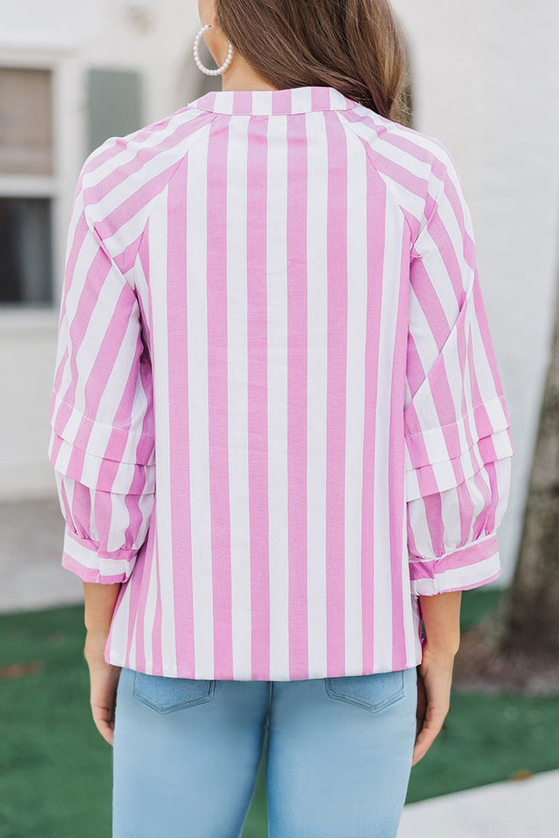 Rose Pink Stripe Split Neck Button Decor Front Puff Sleeve Blouse