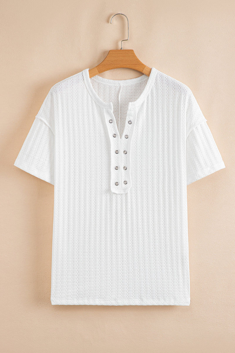 Textured Hollow Grommet Placket Split Neck Short Sleeve Top