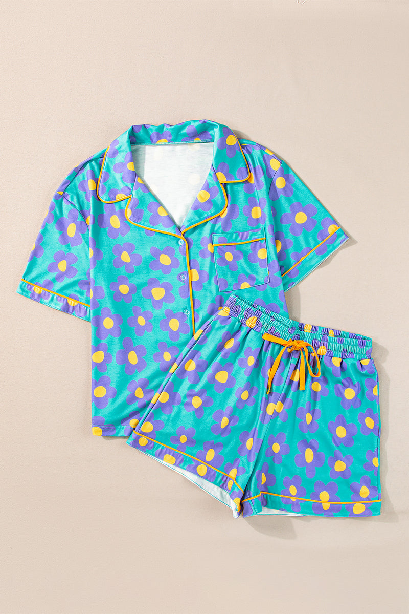 Cute Flower Print Short Sleeve Shirt Pajamas Set