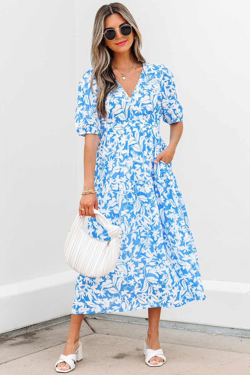 Floral V Neck Puff Short Sleeve Flowy Long Dress