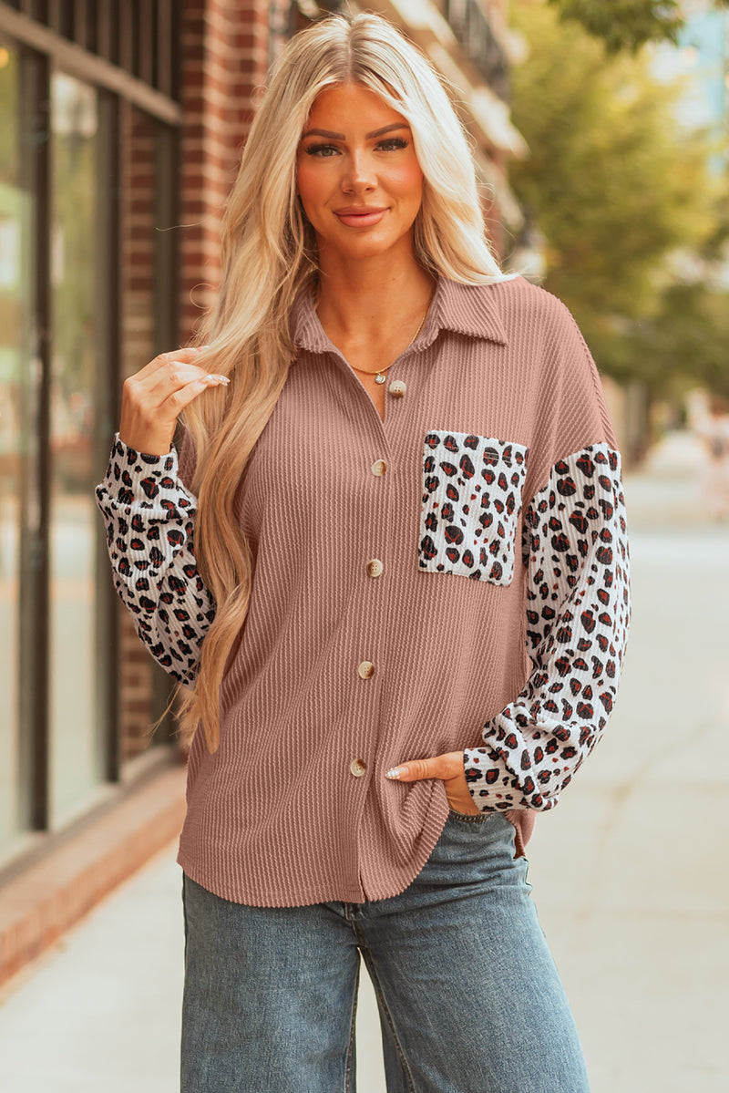 Leopard Patched Twisted Ribbed Western Casual Shacket