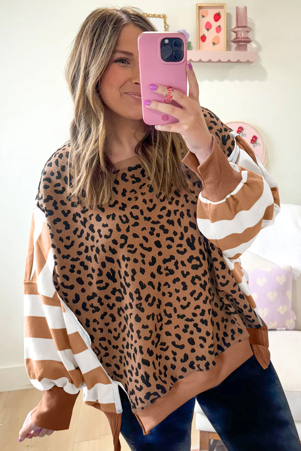 Stripe Color Block Patchwork Leopard Casual Sweatshirt with Slits