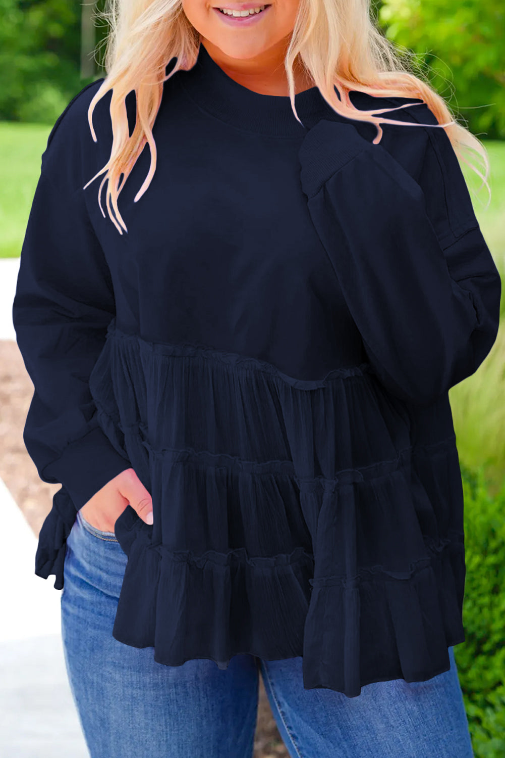 Tiered Ruffle Ribbed Crew Neck Pullover Plus Size Top