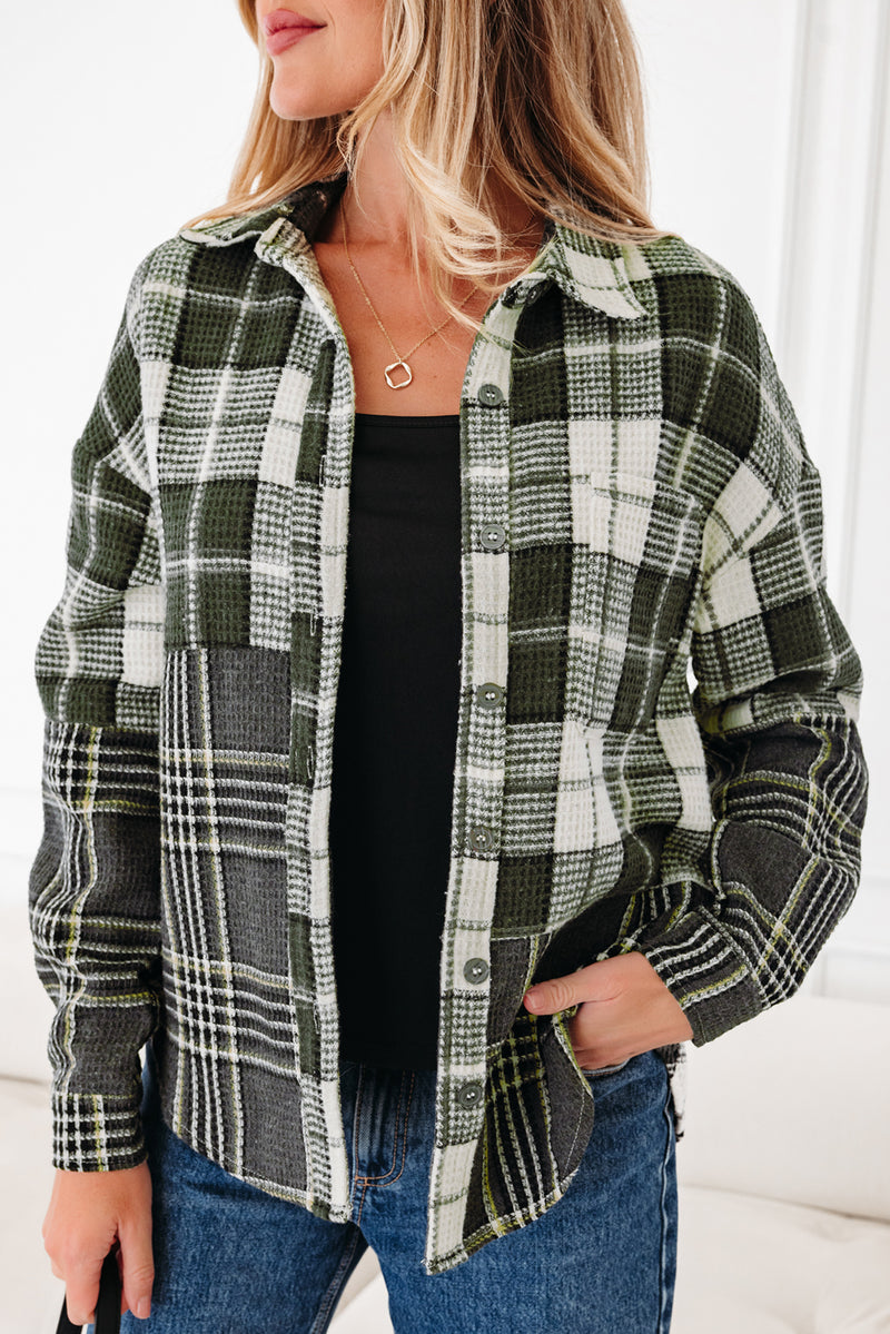 Plaid Print Textured Knit Buttoned Shacket