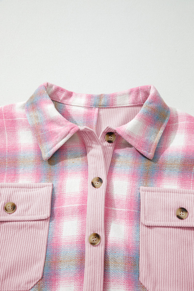 Brushed Plaid Corduroy Flap Pockets Patchwork Shacket