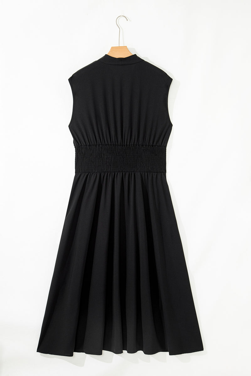 Sleeveless Zipped Front V Neck Shirred Waist Maxi Dress
