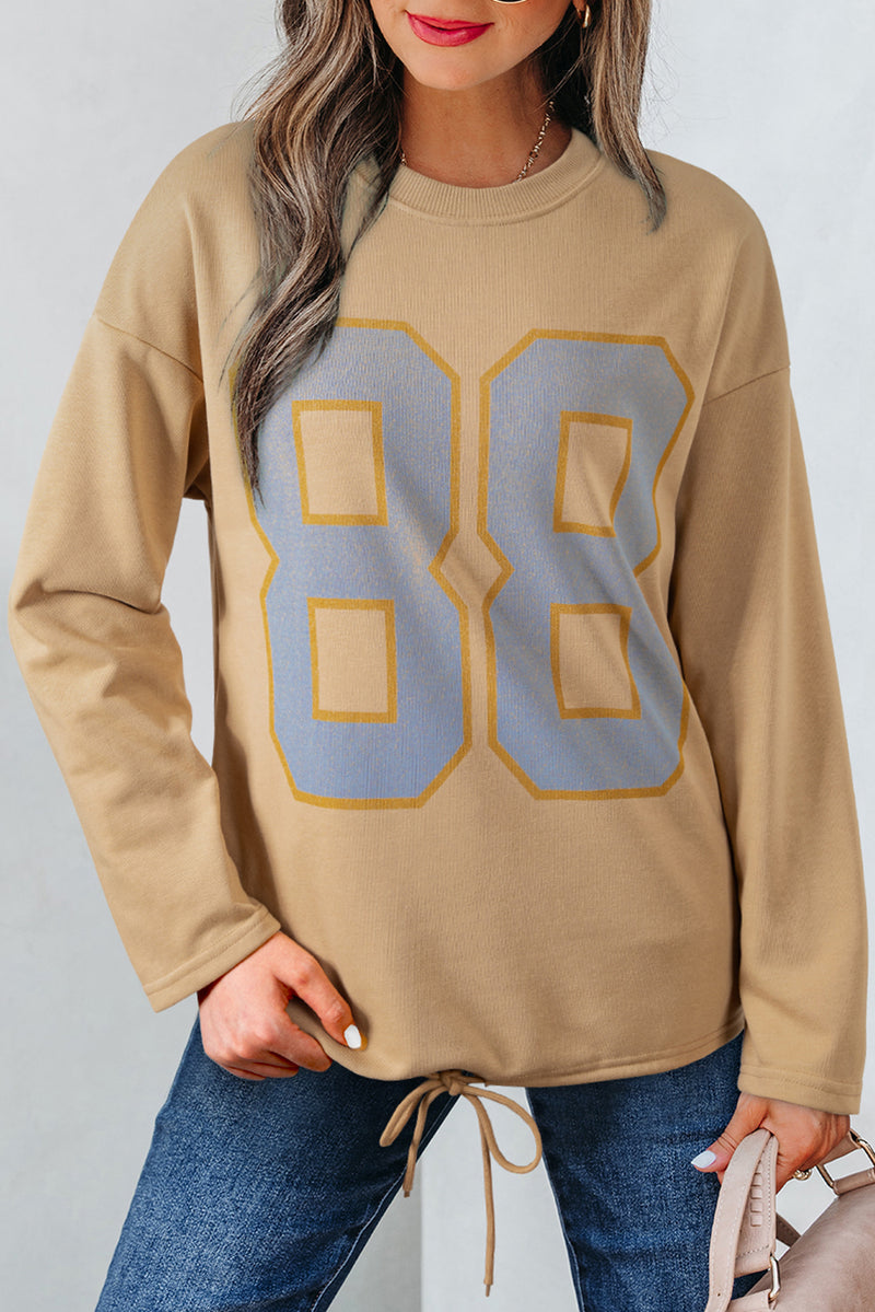 Number Graphic Drawstring Hemline Oversize Long Sleeve Top