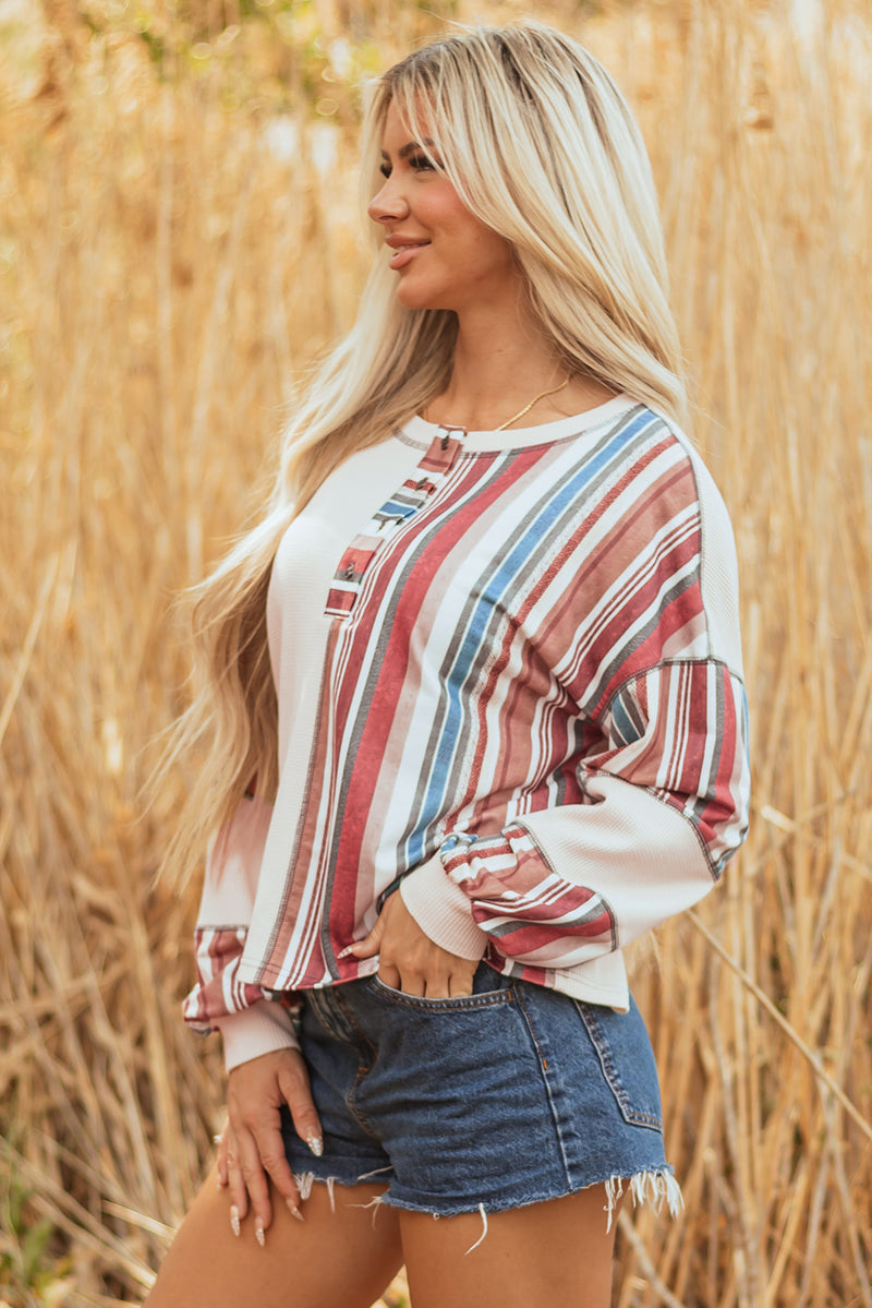 Striped Waffle Patchwork Exposed Seam Raw Edge Casual Knit Top