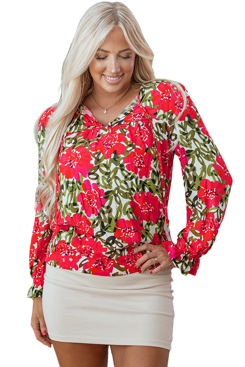 Floral Print Lace up V Neck Flounce Sleeve Blouse
