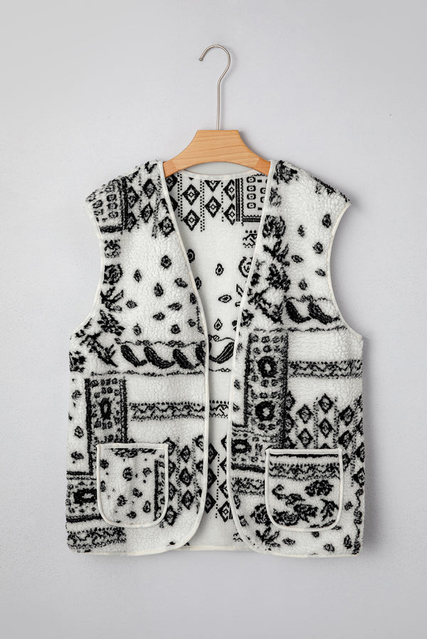Sherpa Paisley Print Pocketed Western Fashion Vest Jacket