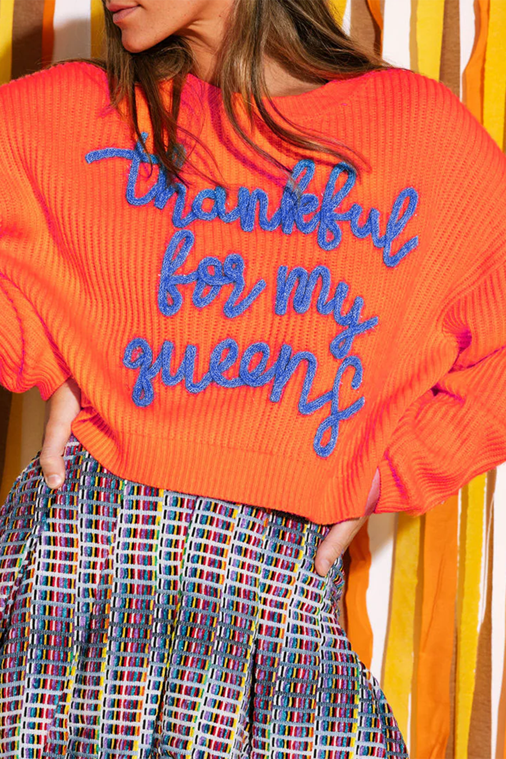 Thankful for my queens Ribbed Knit Drop Shoulder Graphic Sweater
