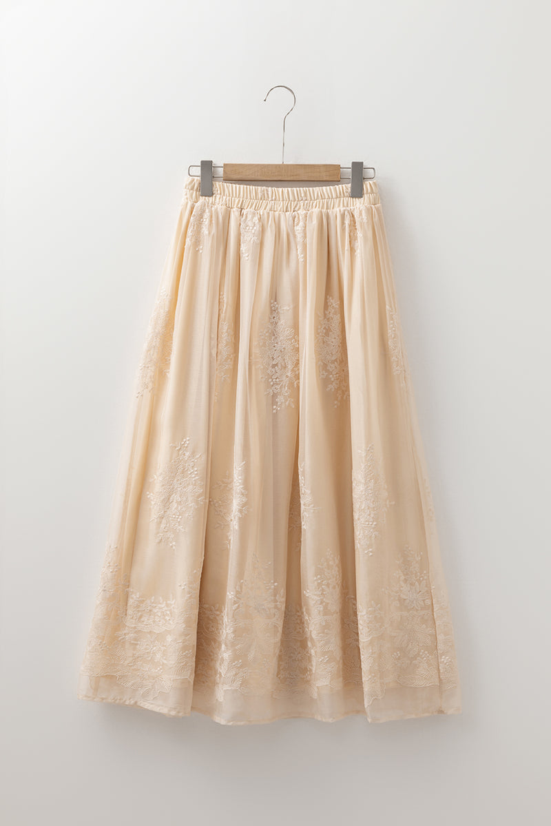 Embroidered Mesh Overlay Flowy Long Skirt