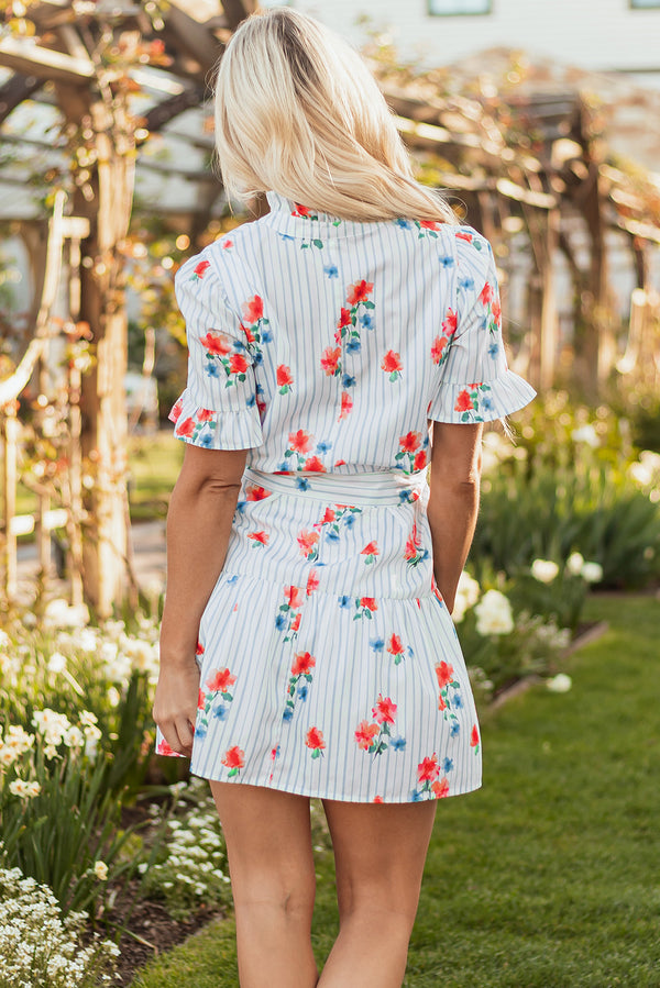 Stripe Floral Pattern Ruffle Short Sleeve Belted Mini Dress