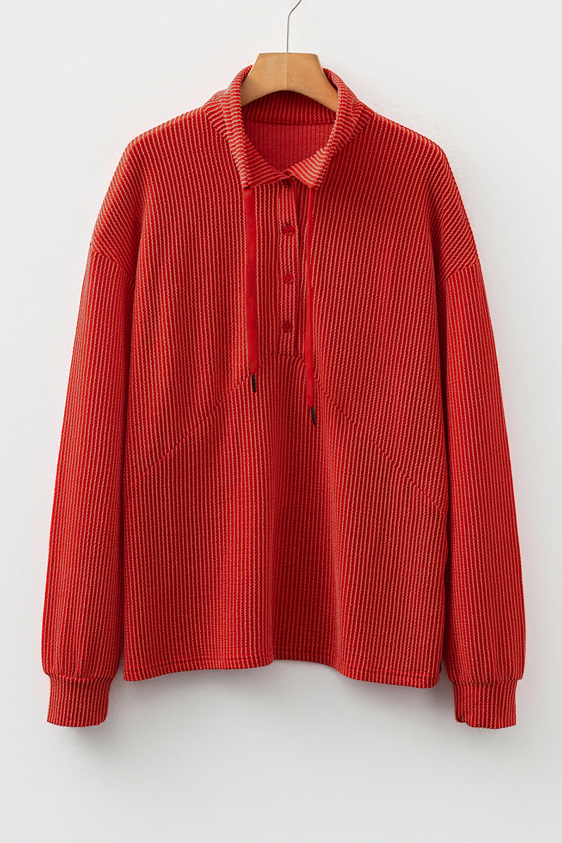 Twist Ribbed Half Button Collared Drawstring Pullover Top