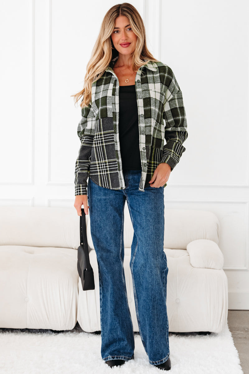 Plaid Print Textured Knit Buttoned Shacket