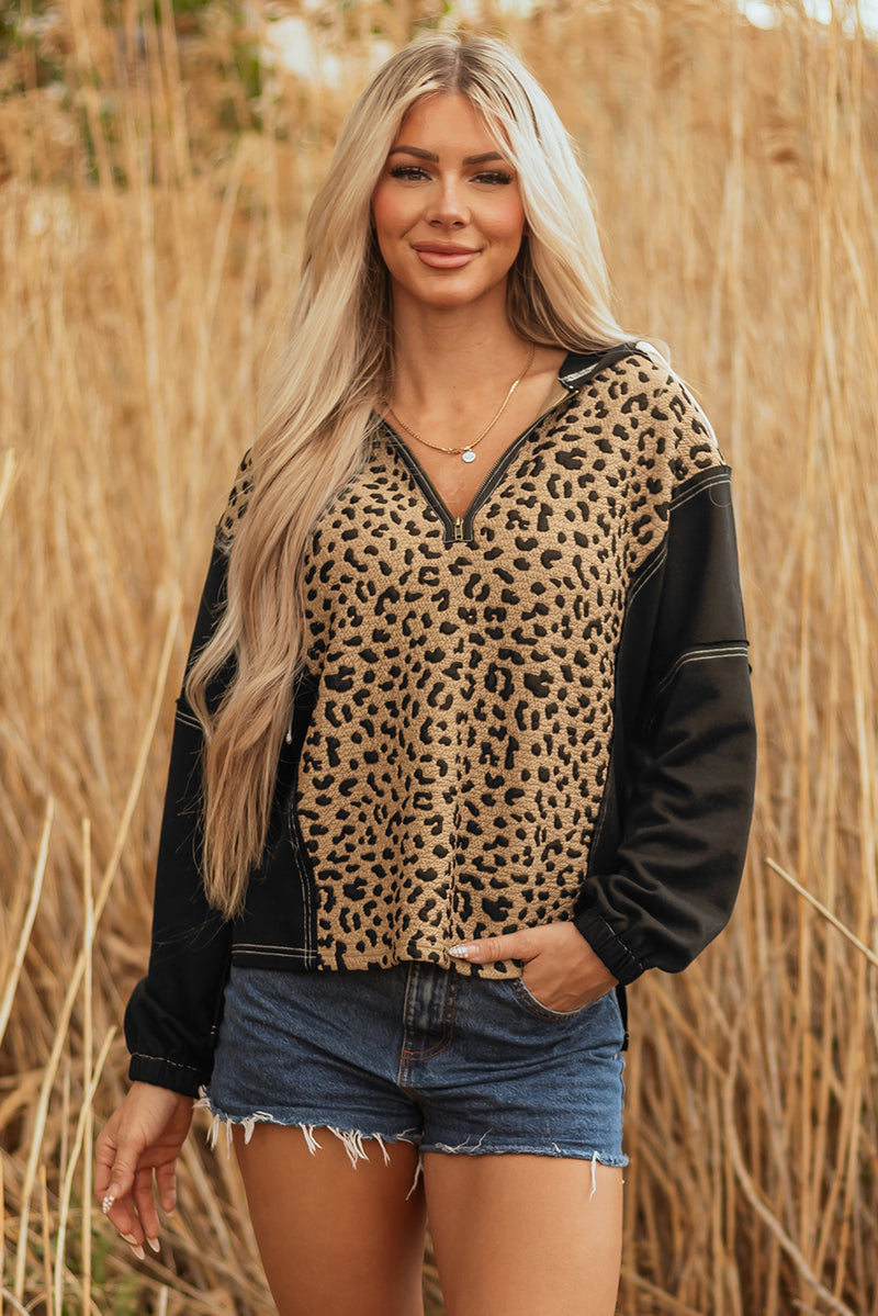Leopard Patchwork Contrast Stitching Knotted Cuff Quarter Zip Hoodie